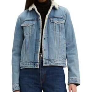Levi's Boyfriend Sherpa Trucker Jean Jacket Addicted To Love Snap Button Blue M